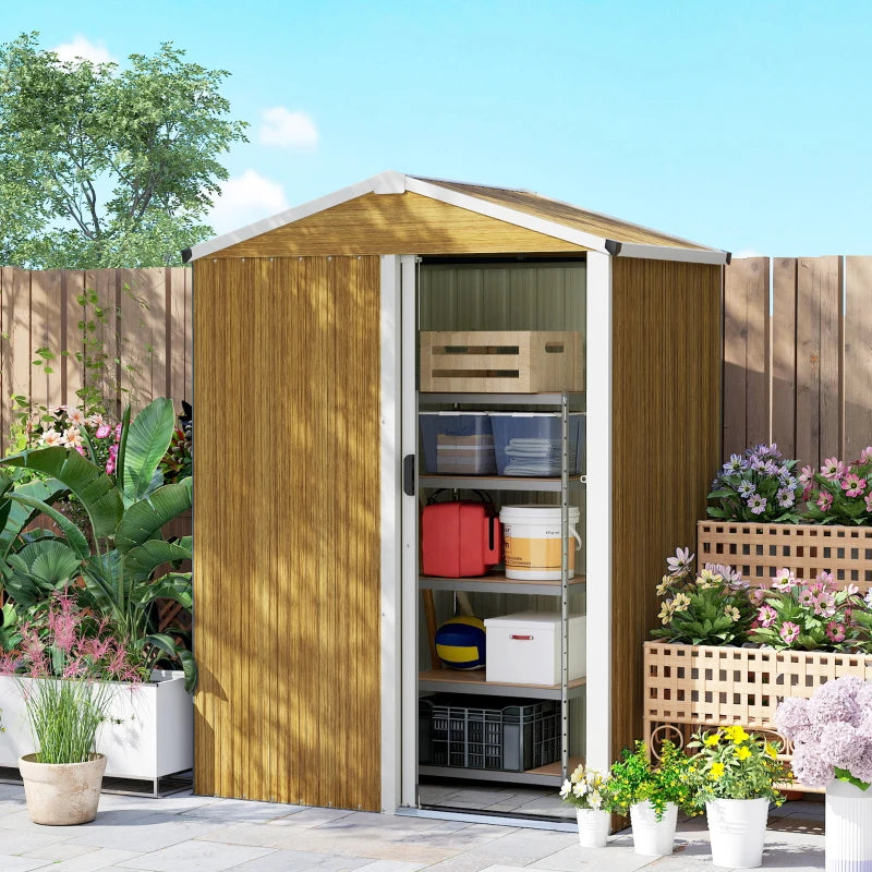 4.5 x 3ft Outdoor Storage Shed, Waterproof Metal Garden Shed with Lockable Door for Backyard, Patio, Lawn, Wood Grain