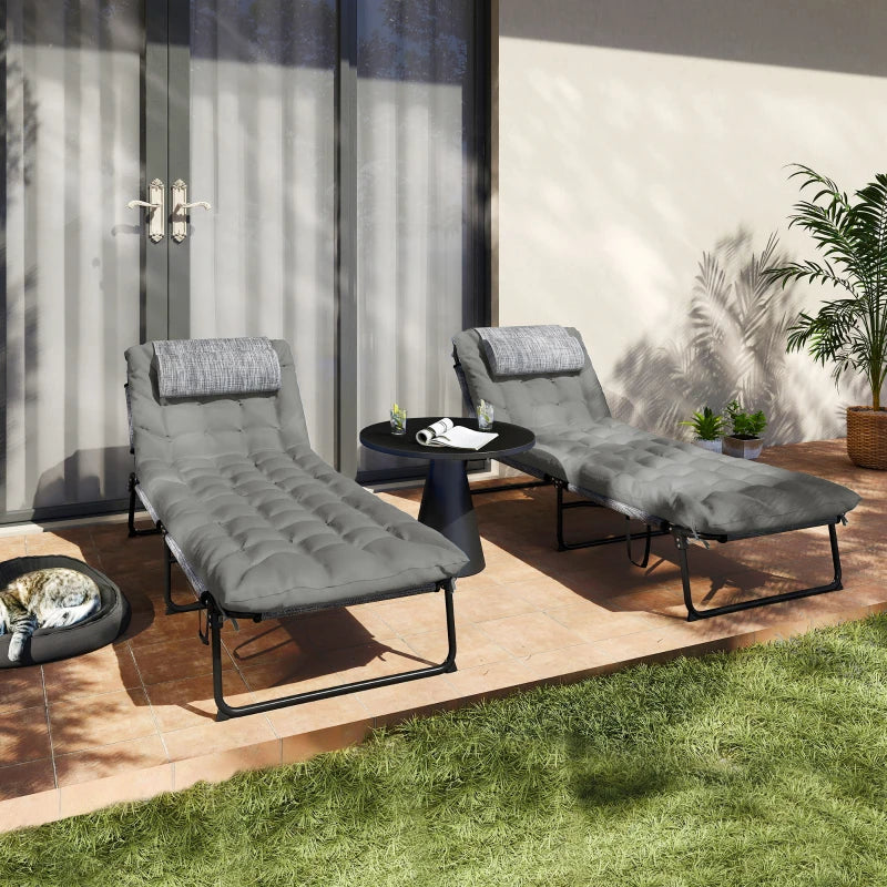 2-Piece Folding Lounge Chairs with Adjustable Backrest, Tanning Chair with Cushion, Side Pocket, Headrest, Grey