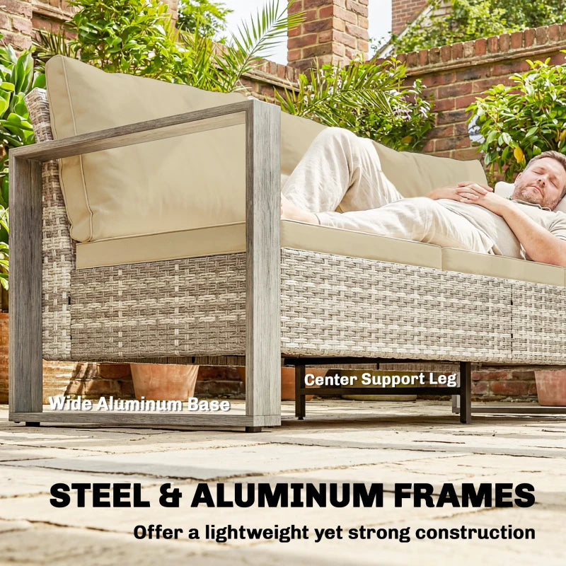 3-Seater Outdoor Couch, PE Wicker Patio Sofa with Deep Seat, Wood-Effect Aluminum Armrests, Cushions, Khaki