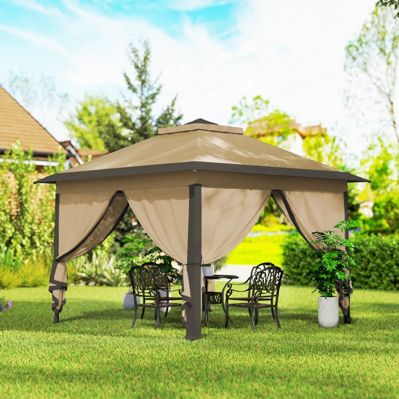 11' x 11' Pop Up Gazebo, Double Roof Foldable Height Adjustable Canopy Tent with Mesh Sidewalls, Carrying Bag, Beige
