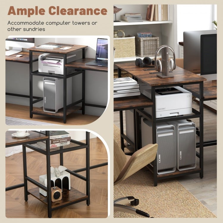 2-Person Computer Desk with Power Outlet and Printer Stand-Rustic Brown