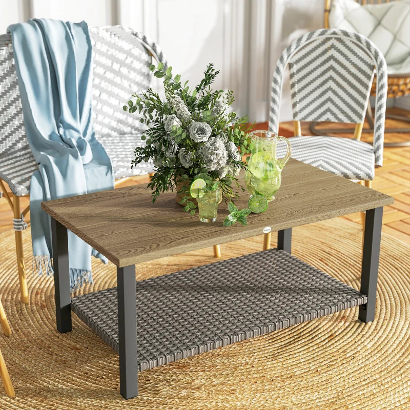 2-Tier Rectangle Outdoor Coffee Table, Patio Table with Wood-Effect Metal Top, Wicker Shelf for Garden, Backyard, Brown