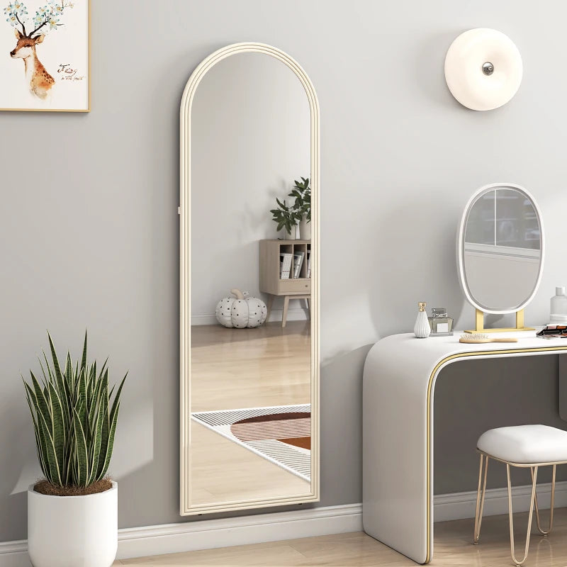 64" x 21" Full Length Mirror, Free Standing, Leaning or Wall, Arched Full Body Mirror with Faux Stone Frame, White