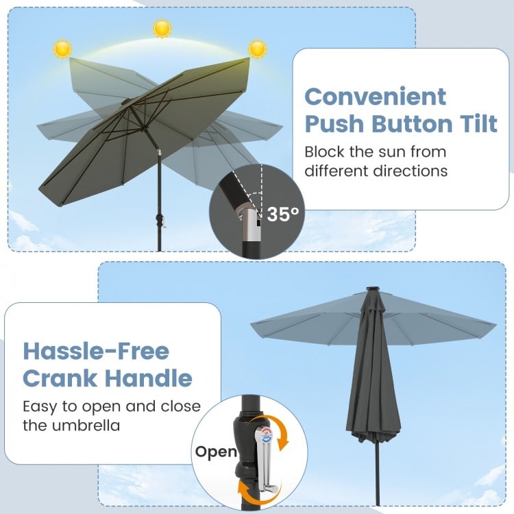 10 Feet Solar Patio Umbrella with 96 Multi-Colored Flowing LED Lights and Tilt Adjustment-Gray