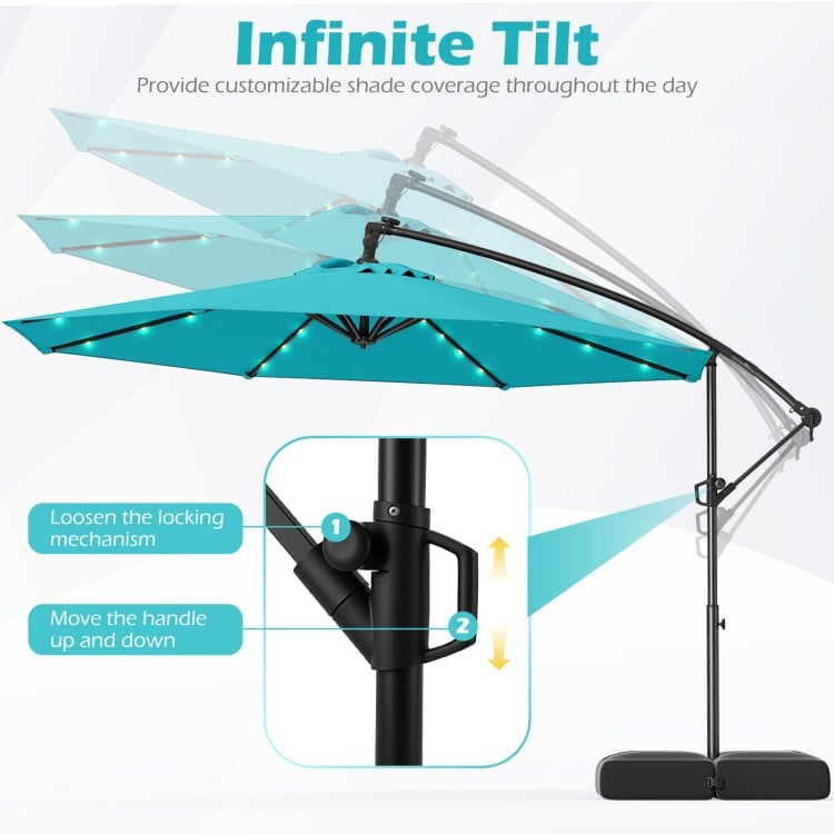 10 Feet Solar Offset Hanging Umbrella with Base and 32 LED Lights-Turquoise