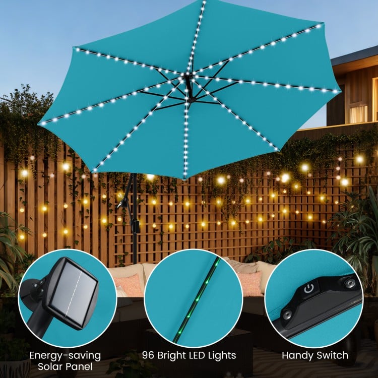 10 Feet Solar Offset Hanging Umbrella with Base and LED Lights-Turquoise
