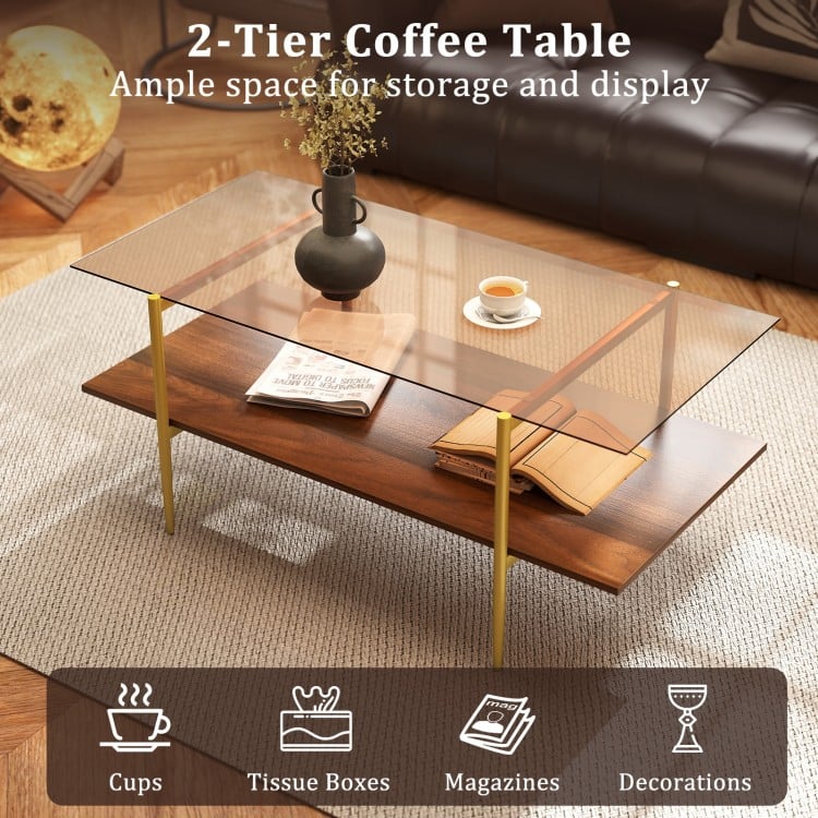 2-Tier Glass Coffee Table with Tampered Glass Tabletop and Open Storage Shelf-Brown