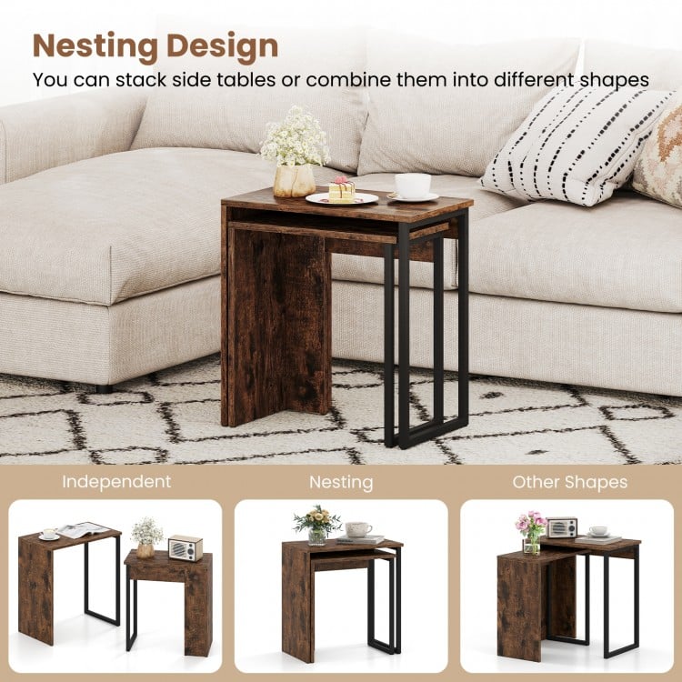 2-in-1 Nesting Coffee Table Set of 2 for Living Room and Bedroom-Rustic Brown