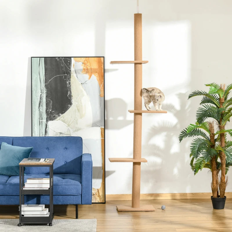 100" Floor To Ceiling Cat Tree w/ 3 Perches Activity Center for Kittens Cat Tower Furniture, Light Brown