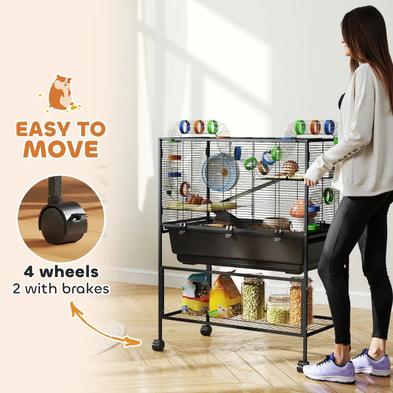 3 Tier Rolling Hamster Cage with 7" Deep Tray, Storage Shelf, Big Exercise Wheel, Tube System, for Syrian, Gerbil, Rat