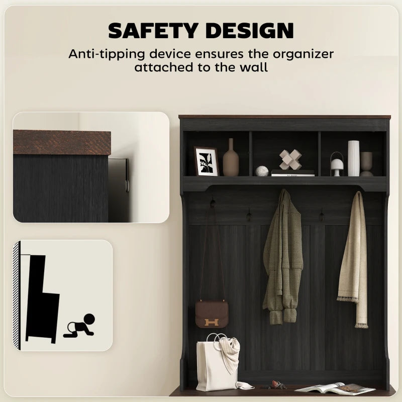 3-in-1 Hall Tree with Bench, Coat Rack with Shoe Storage, Distressed Black