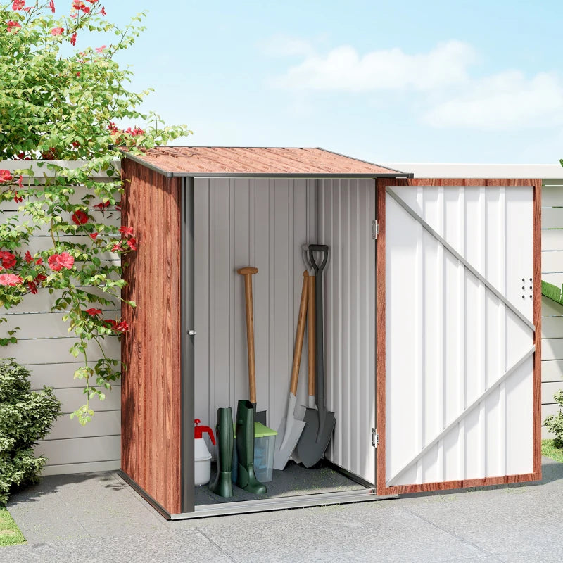 3.3' x 3.4' Lean-to Garden Storage Shed, Outdoor Galvanized Steel Tool House with Lockable Door for Patio, Teak