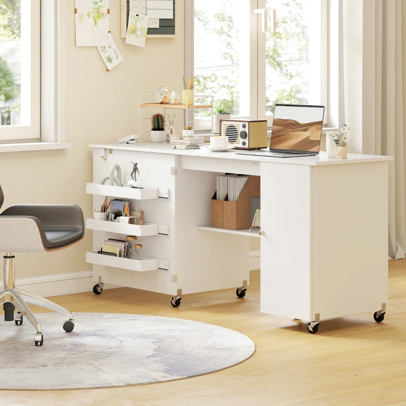 Sewing Machine Table with Drop Leaf, Folding Craft Table with 2 Doors and Adjustable Shelf for Small Spaces, White