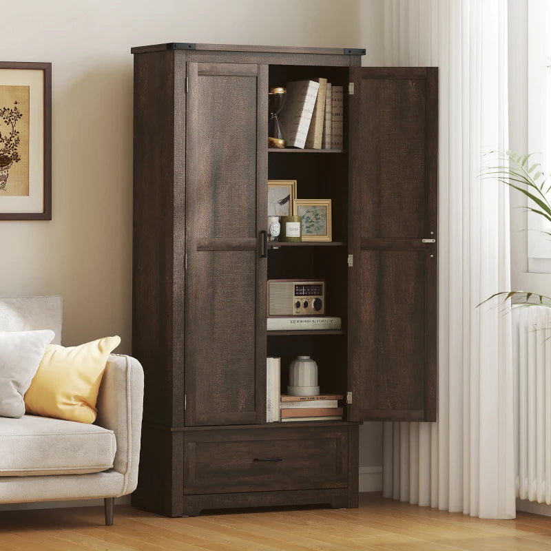 69" Tall Farmhouse Kitchen Pantry Cabinet with 2 Doors, Drawer and Adjustable Shelves, Dark Brown