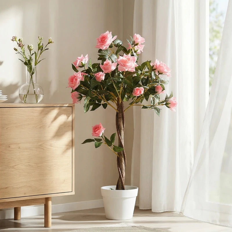3FT Artificial Plant Pink Rose Floral in Pot, Fake Plant for Home Indoor Decor