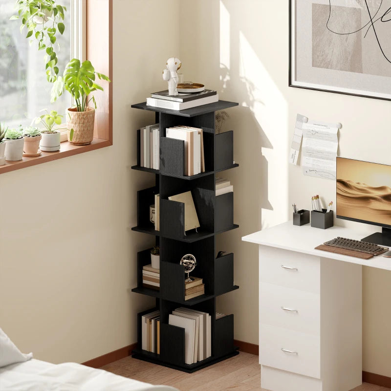 360° Rotating Bookcase with Anti-Tipping Straps, Anti-Slip Foot Pads, 4 Tier Bookshelf with 16 Cubbies for Books, Plants, Decorations, Black