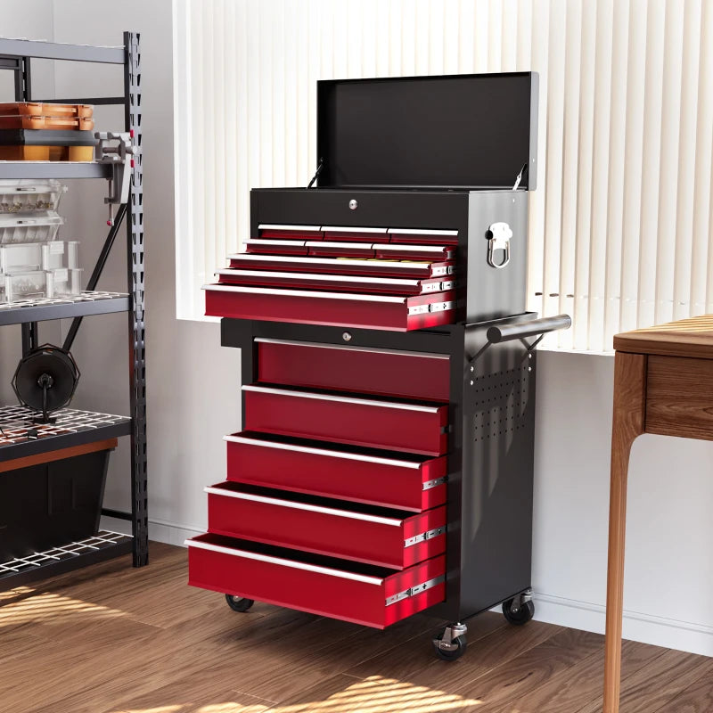 14 Drawer Rolling Tool Chest, Lockable Tool Storage Cabinet with Detachable Top Toolbox, Protective Liner, Red