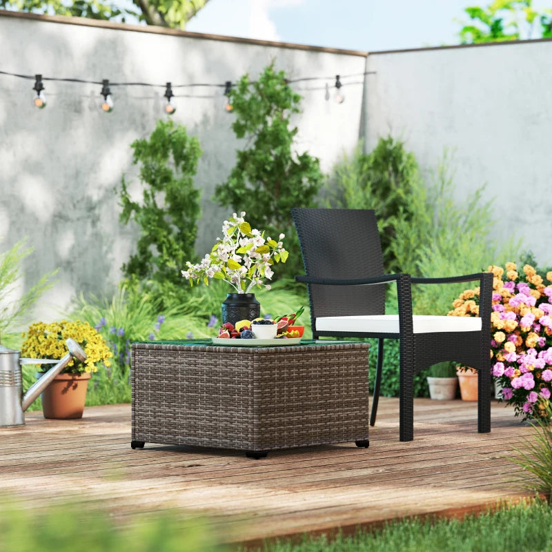 24.4" Patio Wicker Coffee Table, PE Rattan Outdoor Side Table with Tempered Glass Top, Black