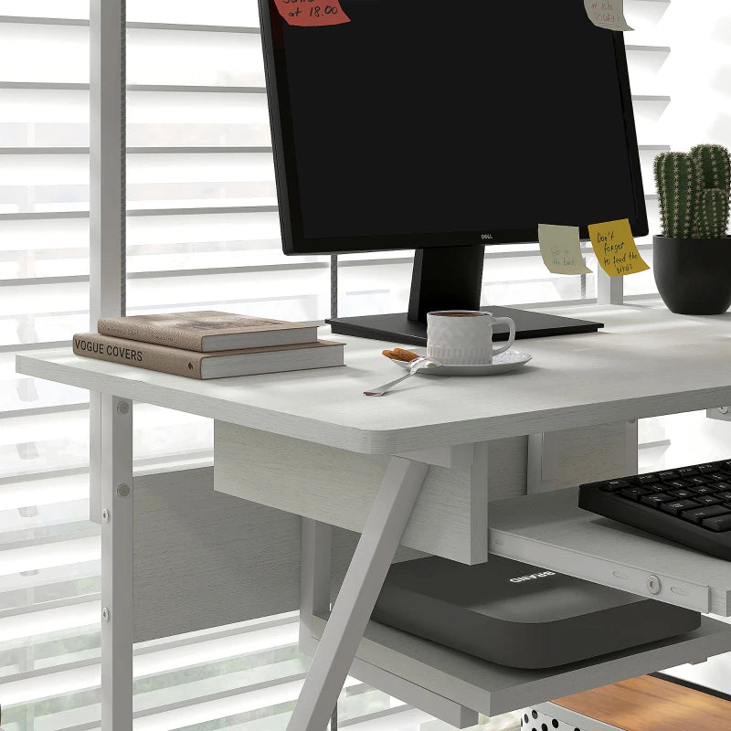 32" Mobile Computer Table, Rolling Study Desk for Home Office with Keyboard Tray, Storage Shelves, Wheels, White