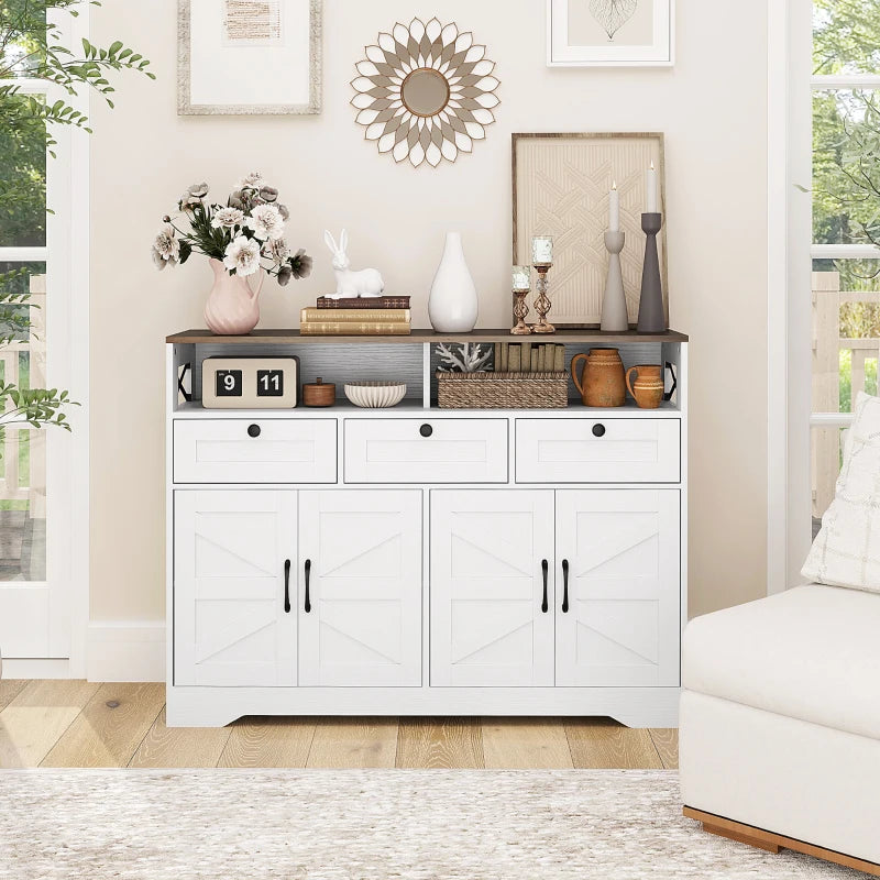 Sideboard, Buffet Cabinet with 4 Barn Doors and 3 Drawers, Coffee Bar Cabinet with Adjustable Shelves, White