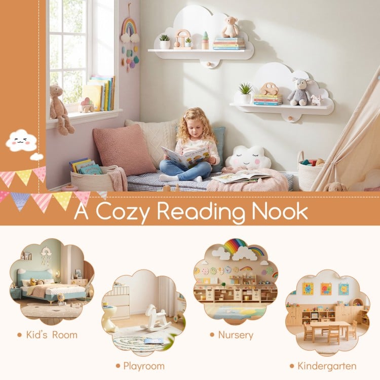 2 Pieces Floating Cloud Shelves Wall Mounted Storage Display Rack-White
