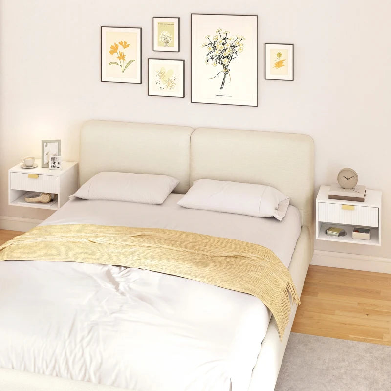 Set of 2 Wall Mounted Bedside Tables, Floating Nightstands with Fluted Drawer and Open Shelf for Bedroom, White
