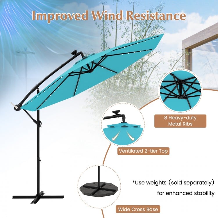10 Feet Solar LED Offset Umbrella with 40 Lights and Cross Base for Patio-Turquoise