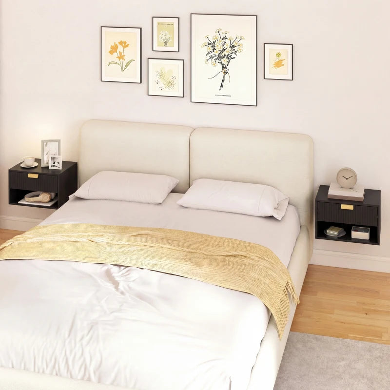 Set of 2 Wall Mounted Bedside Tables, Floating Nightstands with Fluted Drawer and Open Shelf for Bedroom, Black