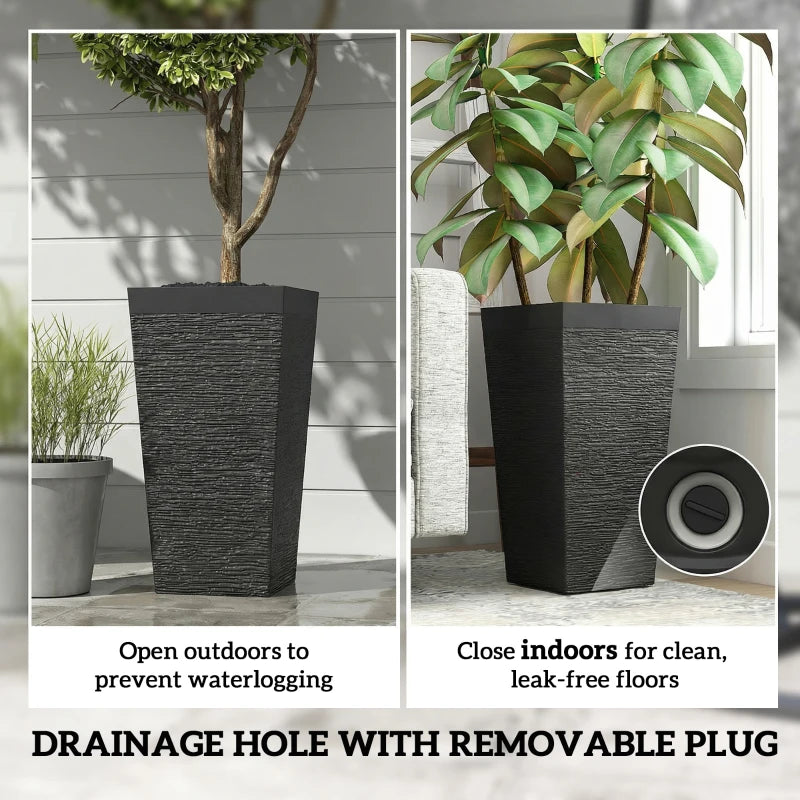 22.8" Tall Planters Set of 3, Indoor Outdoor Taper Planters with Stone Finish, Wheels and Drainage Hole, Black