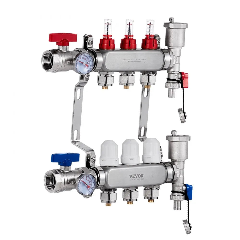 VEVOR 3-Branch Radiant Heat Manifold 1/2" PEX Tubing Floor Heating Manifold Set
