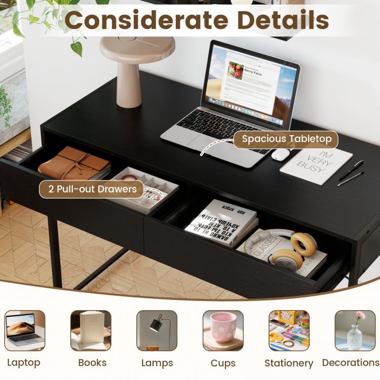 2-Drawer Home Office Desk with Steel Frame-Black