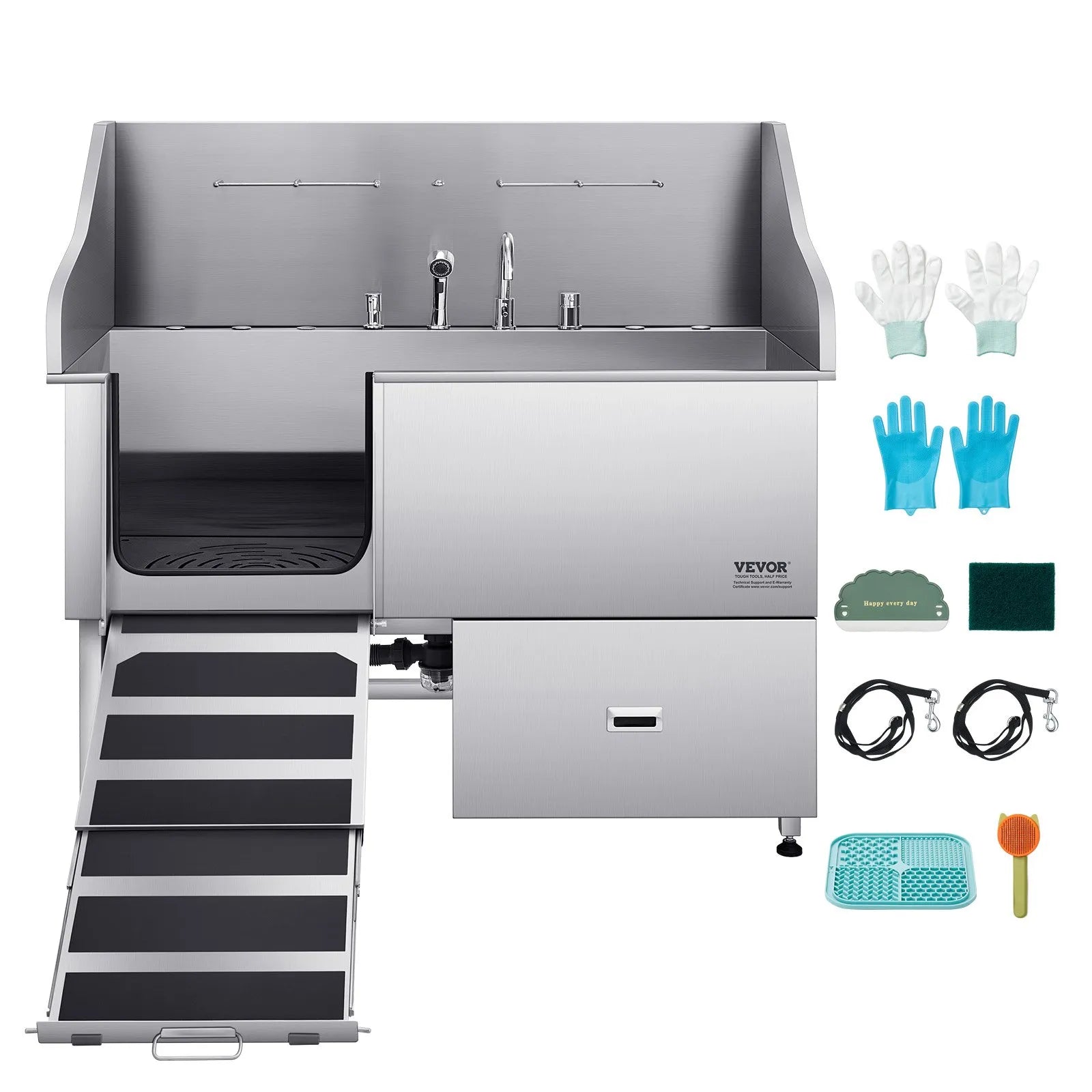 VEVOR 61 Inch Dog Grooming Bath Tub Stainless Steel w Ramp Water Filter Left