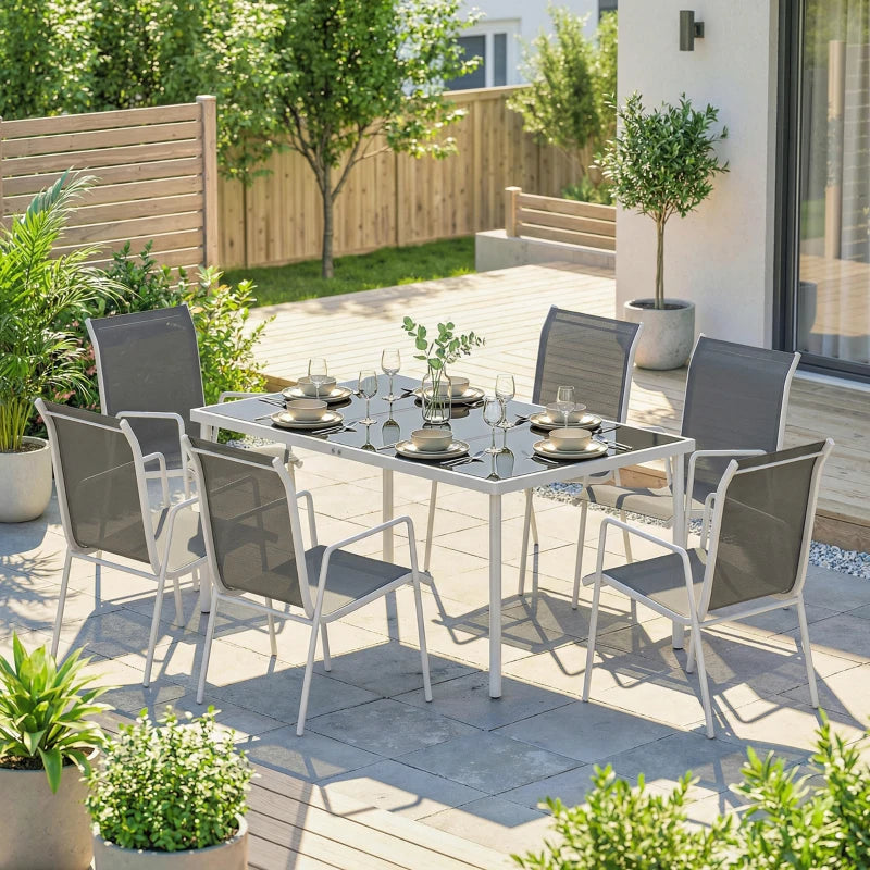 7 Piece Garden Dining Set, Garden Furniture Set with Rectangle Table and 6 Stackable Chairs