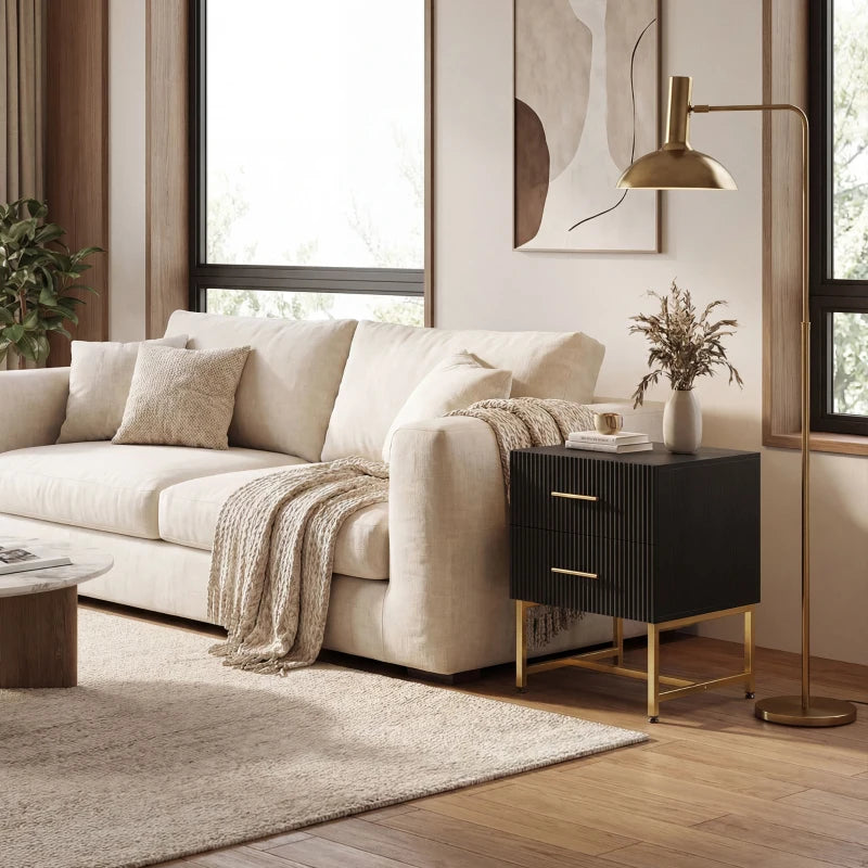 2 Pieces Nightstands with Storage, Modern Bedside Tables with 2 Fluted Drawers and Gold Legs for Bedroom, Black