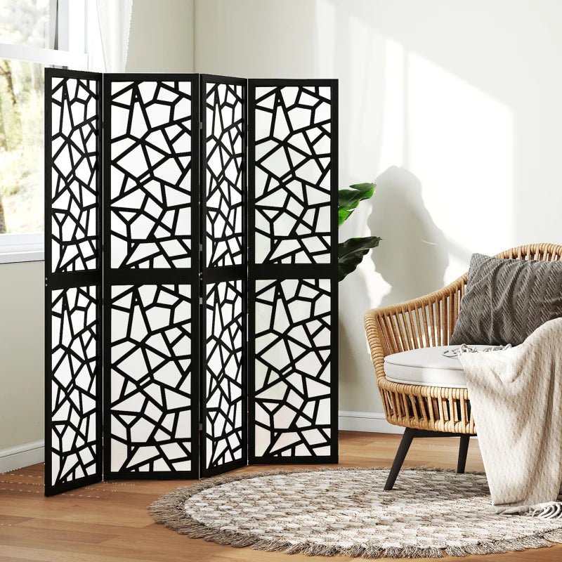 4 Panel Room Divider, 5.6 FT Lightweight Folding Privacy Screen with Geometric Pattern for Living Room, Bedroom, Black