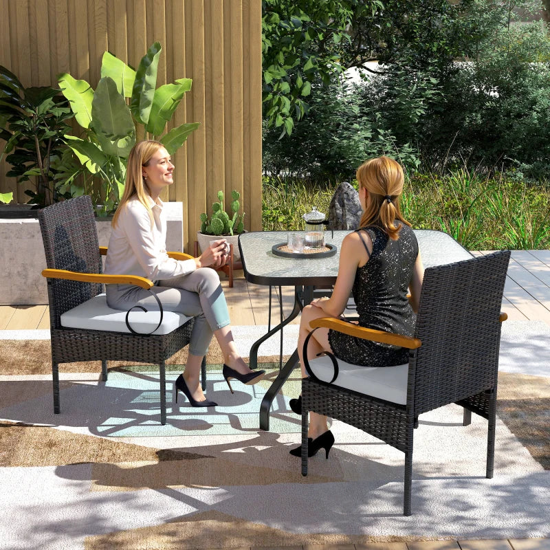 Set of 2 Rattan Outdoor Dining Chairs, Wicker Patio Chairs with Removable Cushion, Acacia Wood Armrests, Light Grey