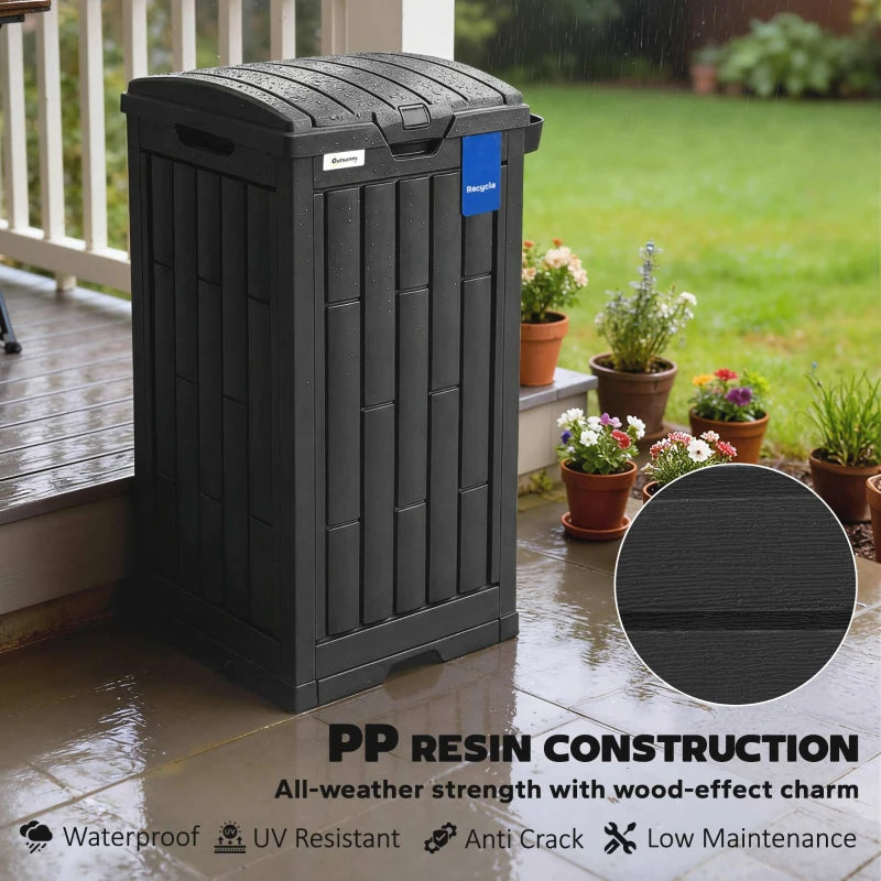 29 Gallon Outdoor Garbage Bin with Dual Lid, Plastic Outdoor Waste Trash Can with Side Holder and Drip Tray, Black