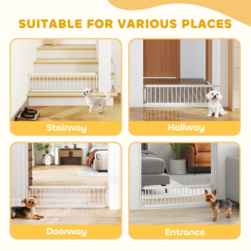 26"-37" Dog Gate, Adjustable Pet Gate, Fits 10" Tall with 2 Extension, Pressure Mount Kit for Stairs and Doorways, White