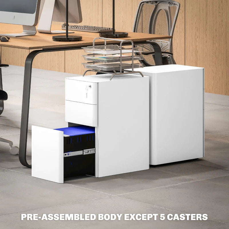 3 Drawer Filing Cabinet, Lockable Steel Office Storage Cabinet with Hanging Bar for Letter, A4, Legal Files, White