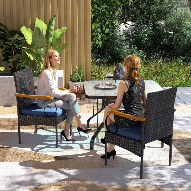 Set of 2 Rattan Outdoor Dining Chairs, Wicker Patio Chairs with Removable Cushion, Acacia Wood Armrests, Navy Blue