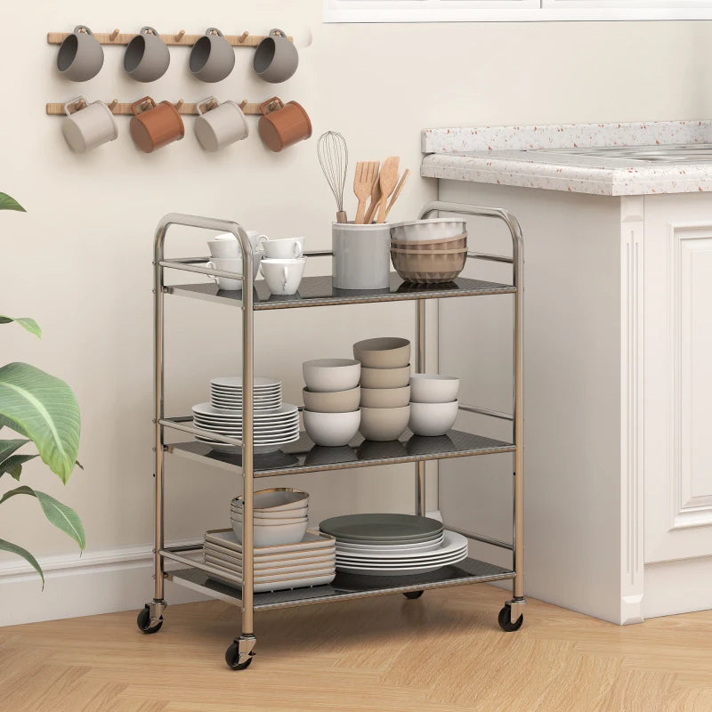 3 Tier Stainless Steel Rolling Cart with Adjustable Shelf, Utility Cart on Wheels with Handles for Kitchen, Silver