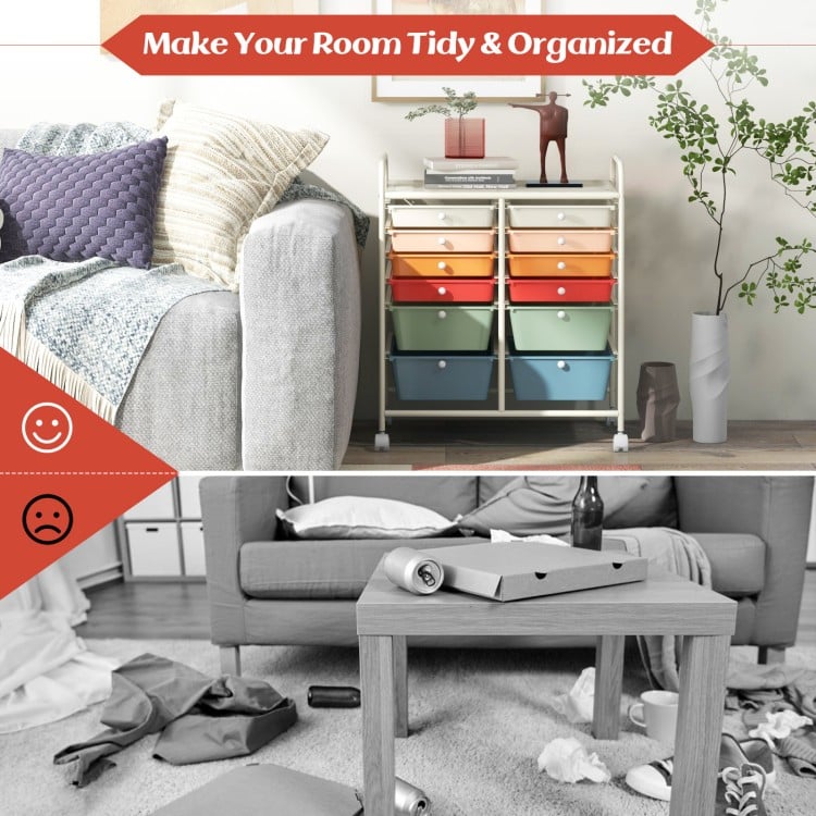 12 Drawers Rolling Cart Storage Scrapbook Paper Organizer Bins-Deep Multicolor
