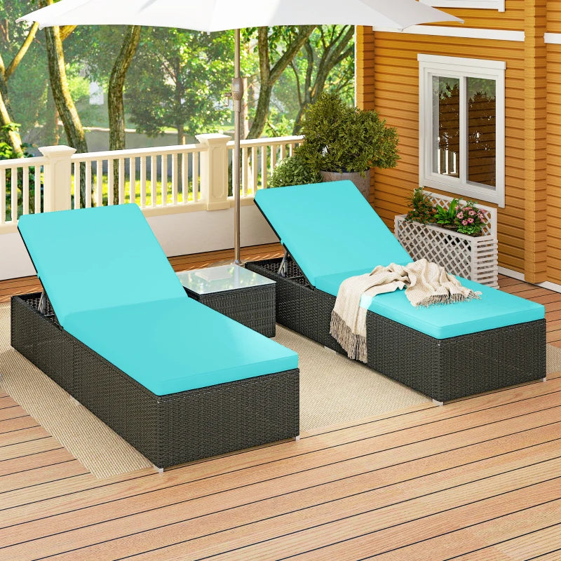 3pc Rattan Lounge Chair Set with Side Table Outdoor Patio Synthetic Rattan Wicker Sun Bed Set with Cushion