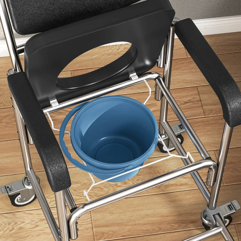 3-in-1 Shower Commode Wheelchair, Transport Beside Commode Chair with Padded Seat for the Elderly, Disabled