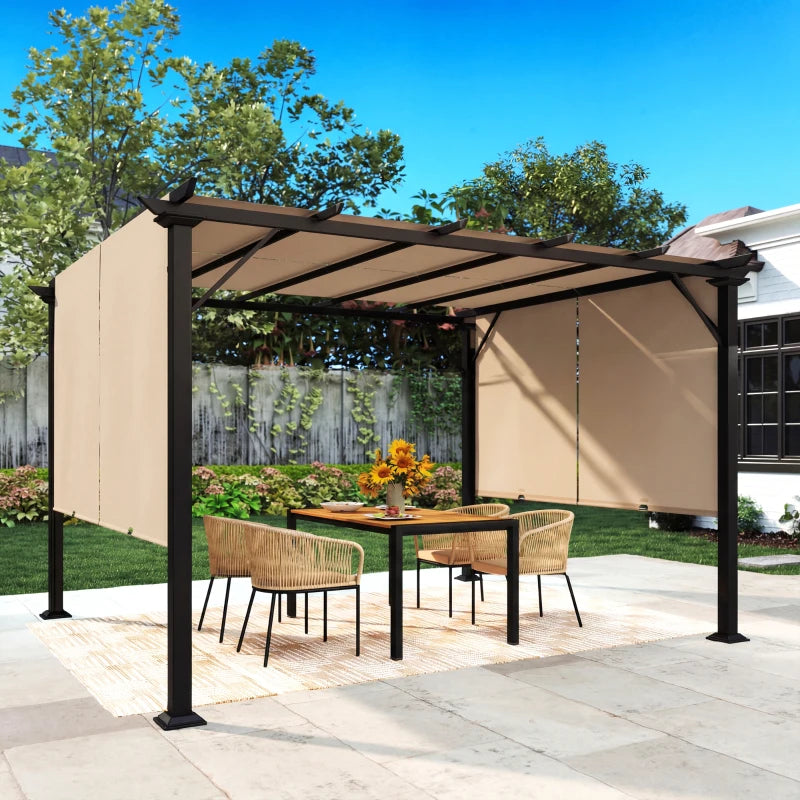 12' x 10' Outdoor Patio Gazebo Pergola with Retractable Canopy Roof, Steel Frame with Stakes, Light Brown