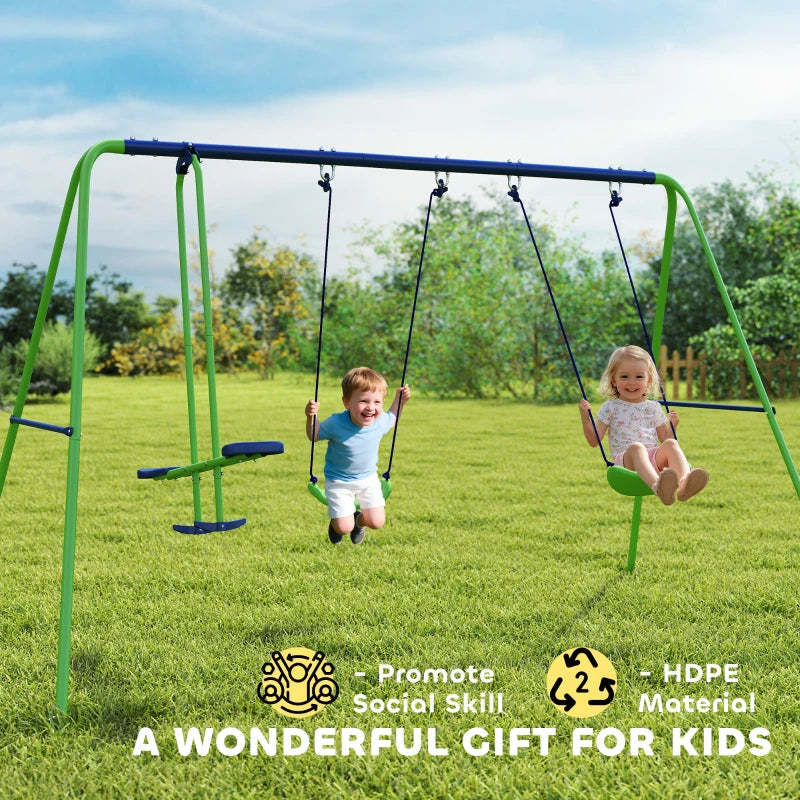 3 in 1 Metal Swing Set with Double Swings, Glider for Backyard, Outdoor, Playgroundt, Green