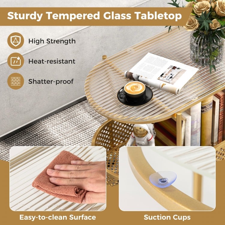 2-Tier Mobile Glass Coffee Table with Bear Pattern-Golden