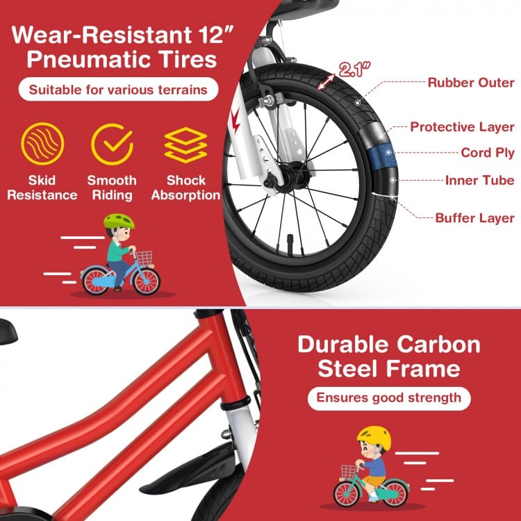 12 Inch Kids Bike Children Bicycle with Training Wheels for 3-4 Years Old-Red