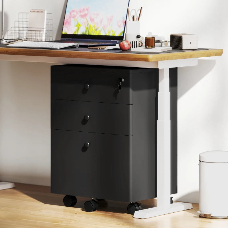 3-Drawer Small Filing Cabinet with Lock, Vertical Office Storage Cabinet with Wheels for Home Office, Black
