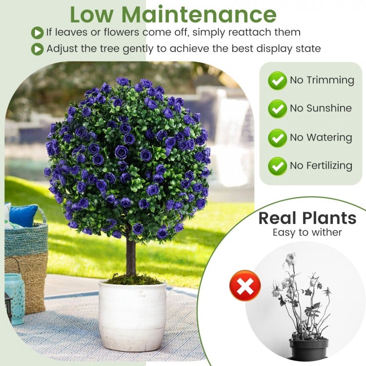 22 Inch Set of 2 Artificial Purple Rose Topiary Ball Trees with Cement-Filled Pot-Purple